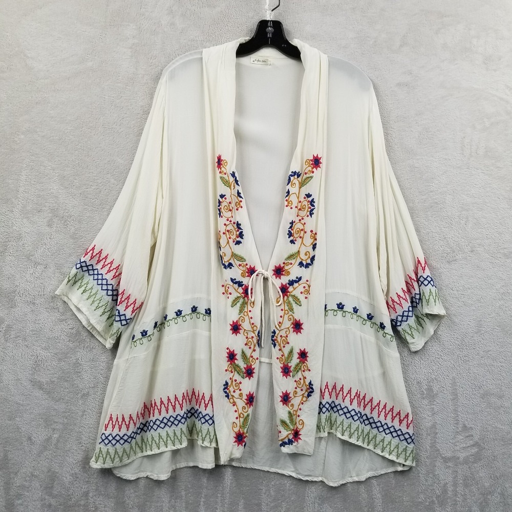 Kyla Seo Cardigan Women L Ivory Embroidered Floral Kimono Cover Up‎ Boho Hippie